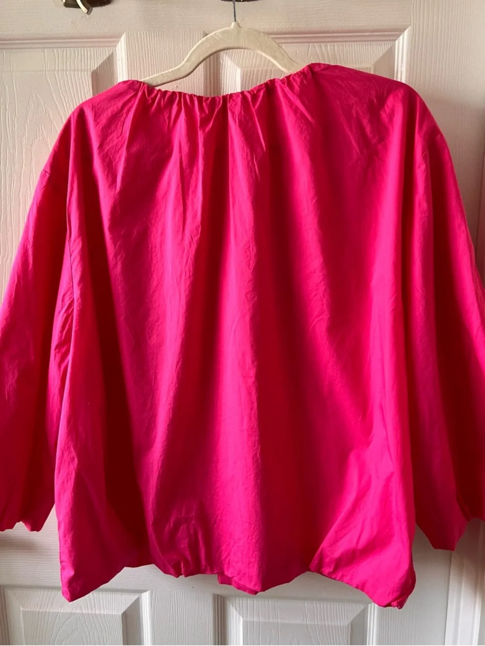 Frances Valentine Emily Ruched Top Pink 1X Cotton Balloon Sleeve Blouse $200+ - Picture 5 of 9